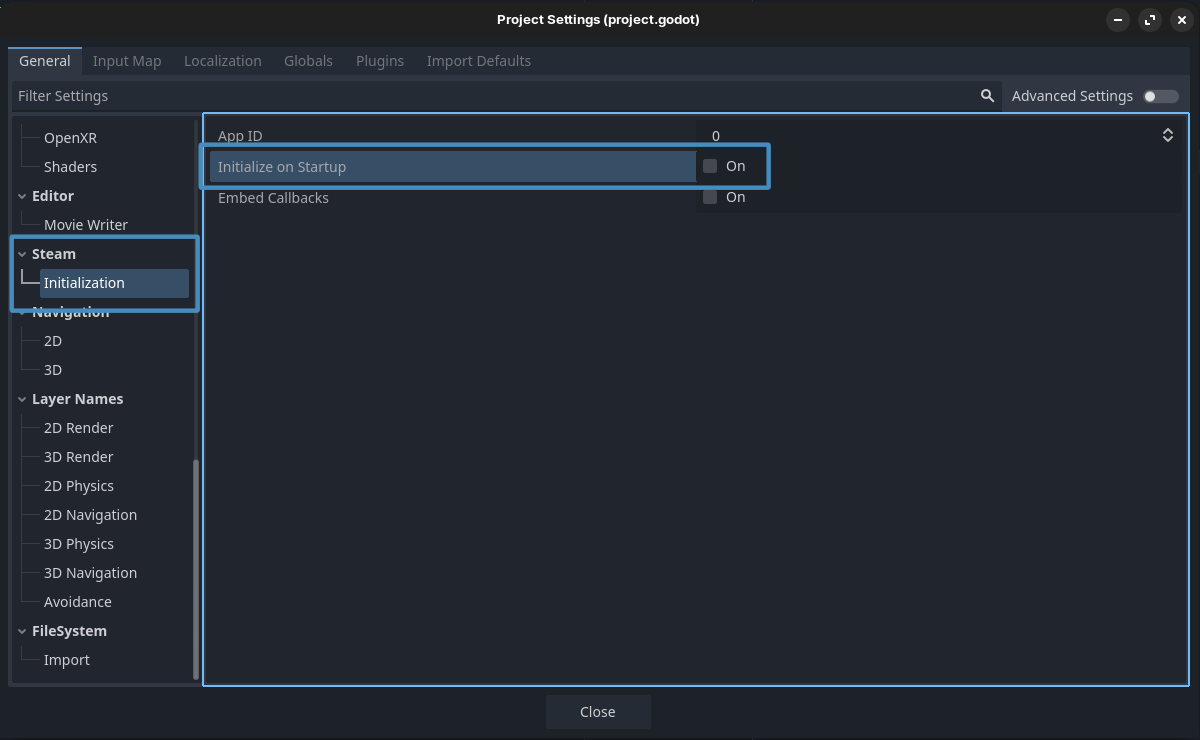 Set Auto-initialization in Project Settings