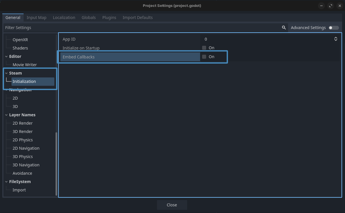 Set Callbacks in Project Settings